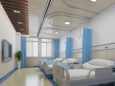 Hospital Outpatient Department Interior With Beds Blue Curtains TV And Medical Equipment 3d model