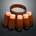 Brown Circular Holder With Multiple Brown Bottles Orange Tops And Black Bases
