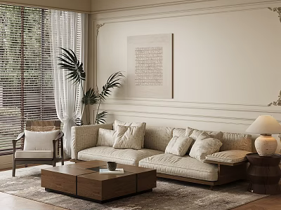Modern Cozy Living Room Interior With Beige Sofa Wooden Coffee Table Rug And Wall Art 3d model