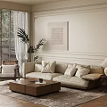 Modern Cozy Living Room Interior With Beige Sofa Wooden Coffee Table Rug And Wall Art