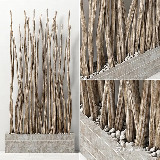 Vertical Natural Twisted Branches Decorative Arrangement In Concrete Container With Pebbles 3d model 