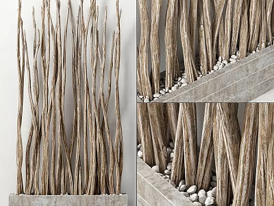 Vertical Natural Twisted Branches Decorative Arrangement In Concrete Container With Pebbles 3d model