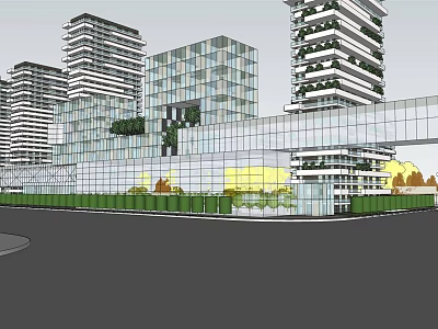 Modern High Rise Architectural Complex With Glass Curtain Walls Greenery And Connecting Structure 3d model