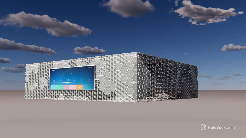 Futuristic Building With Honeycomb Exterior And Large Digital Display Under Blue Sky Clouds 3d model 