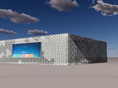 Futuristic Building With Honeycomb Exterior And Large Digital Display Under Blue Sky Clouds 3d model