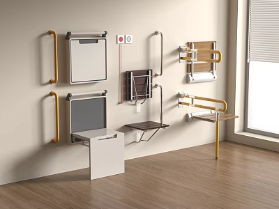 Modern Bathroom Accessories With Wall Mounted Grab Bars Gold Silver Shelves 3d model