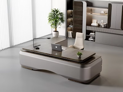 Modern Office Desk In Bright Interior With Laptop Chair Green Plant Bookshelf And Storage Cabinet 3d model