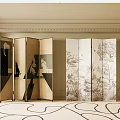 Folding Screen with Artistic Botanical And Animal Prints in Elegant Beige Living Room Interior