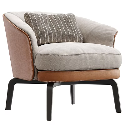 Modern Armchair With Light Gray Upholstery Brown Leather Trim And Striped Cushion 3d model