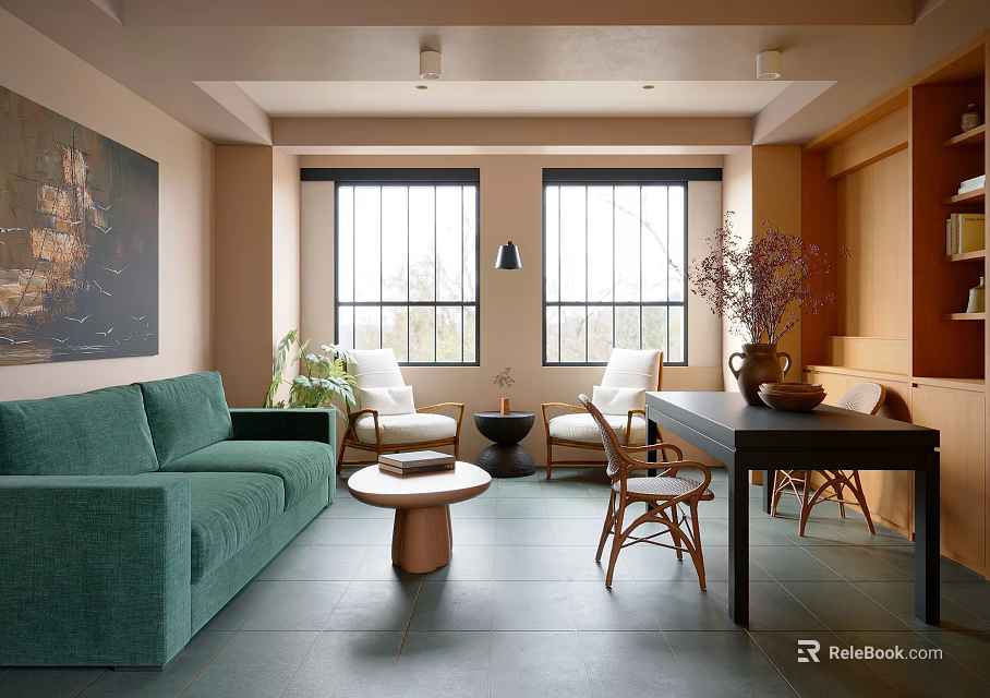 Modern Living Room Interior With Green Sofa White Chairs And Wooden Coffee Table Large Windows 3d model 