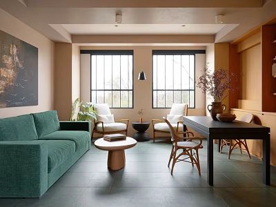 Modern Living Room Interior With Green Sofa White Chairs And Wooden Coffee Table Large Windows 3d model