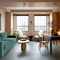 Modern Living Room Interior With Green Sofa White Chairs And Wooden Coffee Table Large Windows