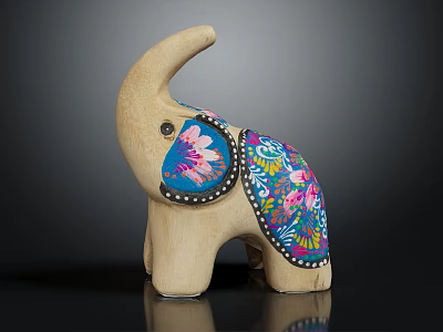 Natural Wooden Elephant Figurine With Colorful Painted Floral Design On Ears For Home Decor 3d model