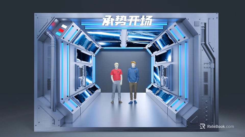 Futuristic Tech Corridor Scene With Two People Standing Blue Lighting And Side Displays 3d model 