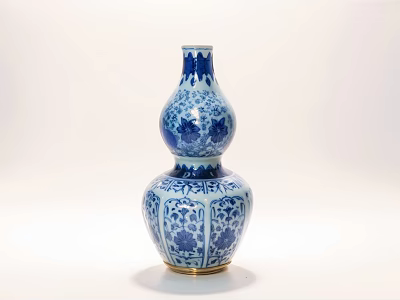 Blue and White Gourd Shaped Ceramic Vase With Intricate Patterns And Golden Base 3d model