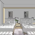Hotel Guest Room With Two Double Beds Bedside Tables Lamps Framed Pictures Bench And Rug