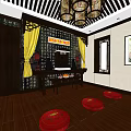 Traditional Chinese Religious Worship Space With Altar Yellow Curtains And Red Cushions