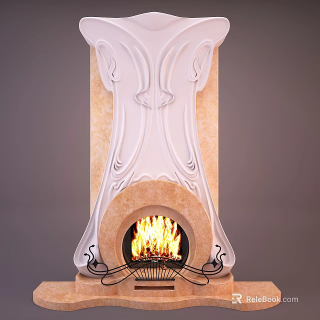 Ornate European Style Stone Fireplace With Burning Flames And Wrought Iron Grate 3d model 