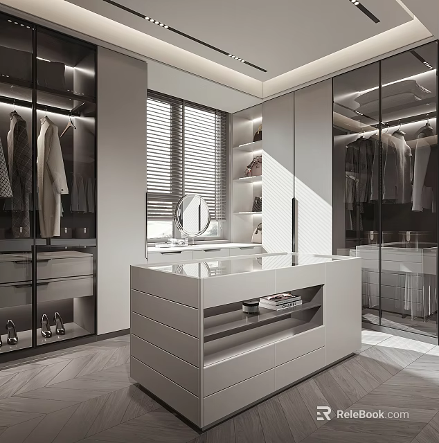 Modern Walk In Closet Interior With Glass Wardrobes Dressing Table And Mirror 3d model 