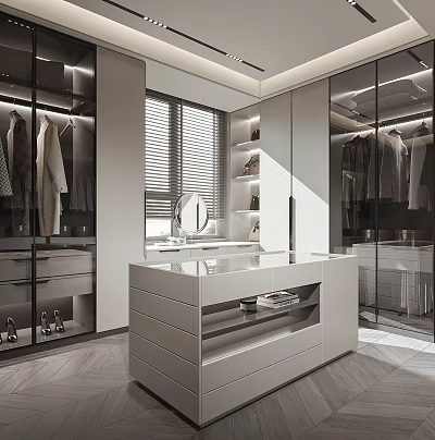 Modern Walk In Closet Interior With Glass Wardrobes Dressing Table And Mirror 3d model