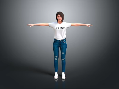 Woman in White CELINE T shirt Blue Ripped Jeans and White Shoes with Arms Outstretched 3d model
