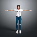 Woman in White CELINE T shirt Blue Ripped Jeans and White Shoes with Arms Outstretched