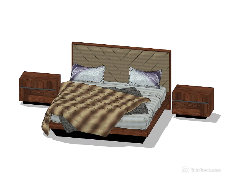 Modern Double Bed With Geometric Pattern Headboard Two Pillows Brown Blanket And Bedside Tables 3d model 