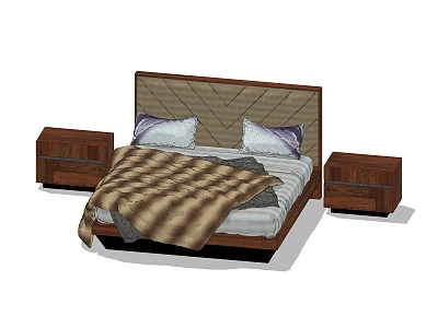 Modern Double Bed With Geometric Pattern Headboard Two Pillows Brown Blanket And Bedside Tables 3d model