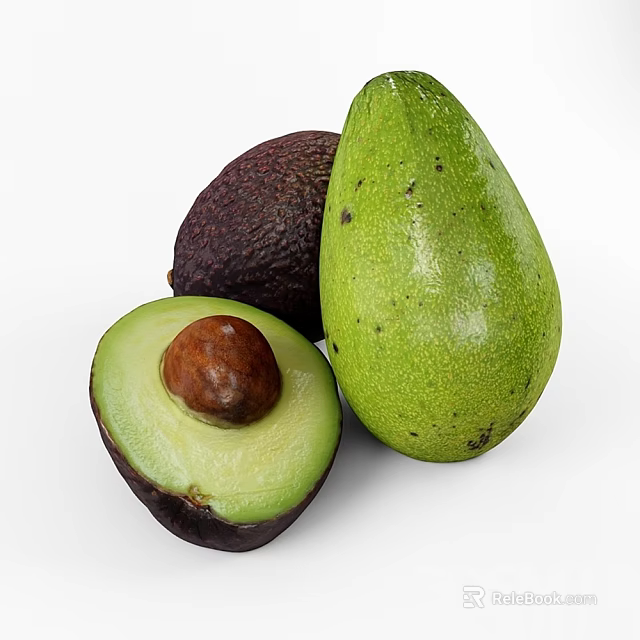 Fresh Avocados Display Whole Green Ripe And Halved With Brown Pit 3d model 