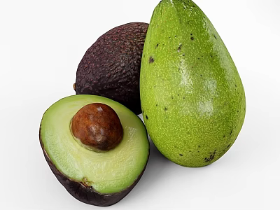 Fresh Avocados Display Whole Green Ripe And Halved With Brown Pit 3d model