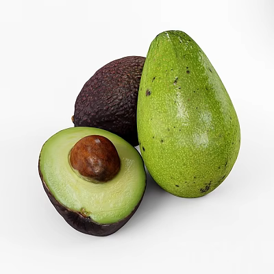 Fresh Avocados Display Whole Green Ripe And Halved With Brown Pit 3d model