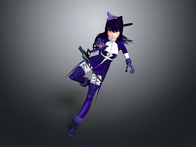 Anime Character In Purple White Costume With Cat Ear Headpiece And Weapon In Combat Pose 3d model