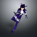 Anime Character In Purple White Costume With Cat Ear Headpiece And Weapon In Combat Pose
