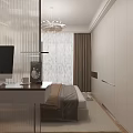 Modern Bedroom Interior With White Wardrobes Bed Brown Throw Pillows Chandelier And Wall Art