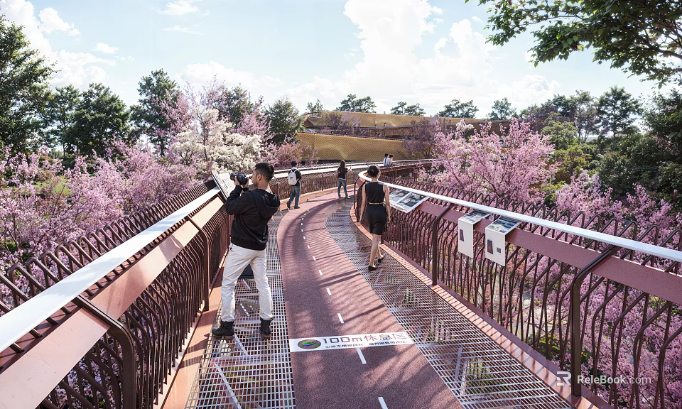 Scenic Park Landscape With Elevated Walkway Metal Railings Blooming Pink Trees And Visitors Strolling 3d model
