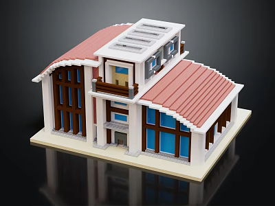 Cartoon Scene Block House Model with Red Roof White Walls Balcony and Windows 3d model