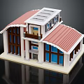 Cartoon Scene Block House Model with Red Roof White Walls Balcony and Windows