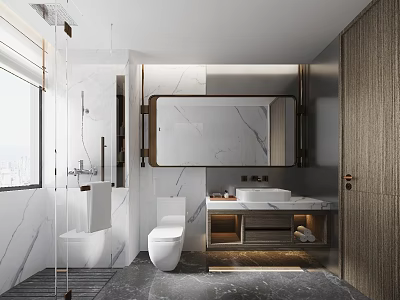 Modern Luxury Bathroom Interior With Marble Surfaces Glass Shower And Elegant Vanity Unit 3d model
