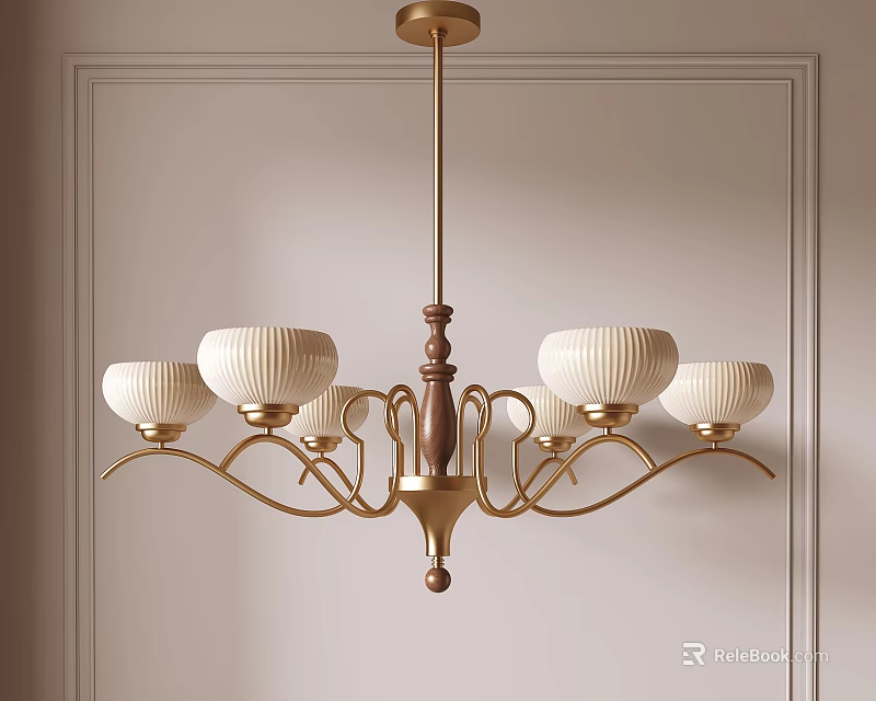 Elegant Gold Chandelier With White Ribbed Shades And Wooden Center Accent For Interior Design 3d model 