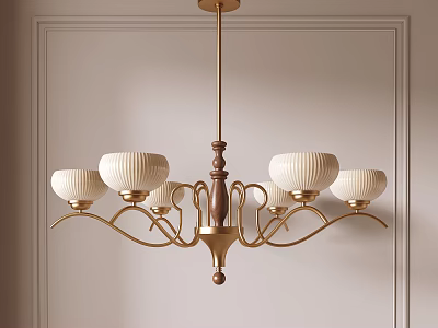 Elegant Gold Chandelier With White Ribbed Shades And Wooden Center Accent For Interior Design 3d model