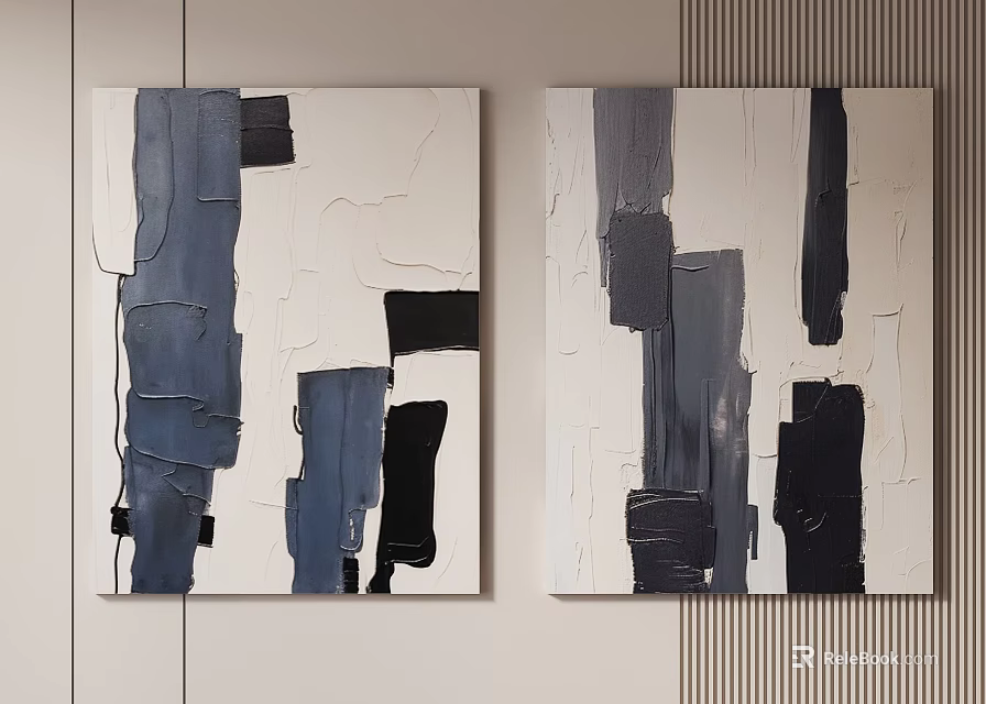 Two Abstract Paintings Featuring Blue Black White Textured Brushstrokes For Interior Wall Decor 3d model 