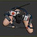 Female Ninja Warrior In Combat Outfit Holding Swords In Crouched Pose