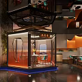 Modern Hot Pot Restaurant Interior With Orange Decor And Seating 3d model