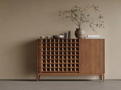 Wooden Console Side Cabinet With Storage Grid Decorative Vase Bowls And Books On Top 3d model