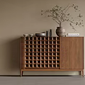 Wooden Console Side Cabinet With Storage Grid Decorative Vase Bowls And Books On Top