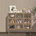 Wooden Cabinet With Multiple Compartments And Decorative Figurines On Striped Wallpaper Background