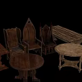 Rustic Wooden Table and Chair Set Featuring Round and Rectangular Tables with Carved Chairs 3d model