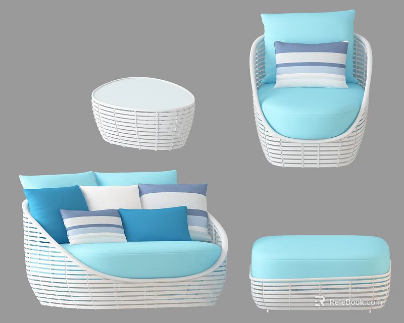 White Wicker Sofa Set with Blue Cushions Striped Pillows Round Side Table and Ottoman 3d model