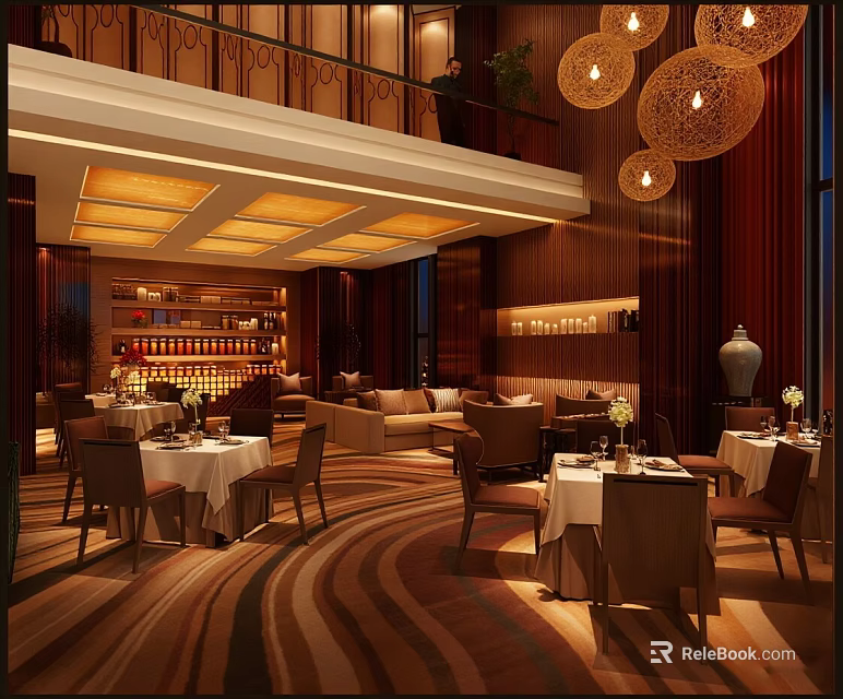 Luxurious Banquet Hall Interior With Wooden Decor Dining Tables And Chandeliers 3d model 