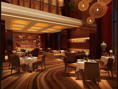 Luxurious Banquet Hall Interior With Wooden Decor Dining Tables And Chandeliers 3d model